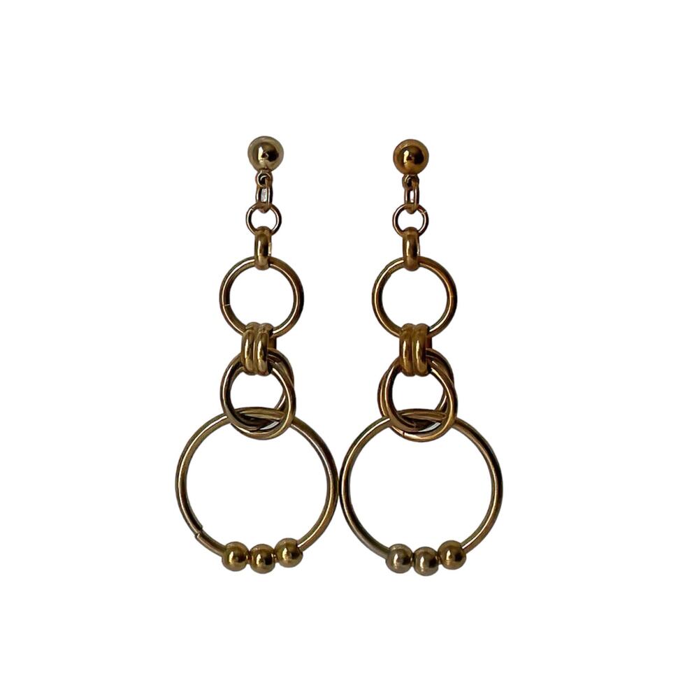 1980s Polished Gold Plate Quadruple Hoops Dangle Boho Stud Clip Pierced Earrings